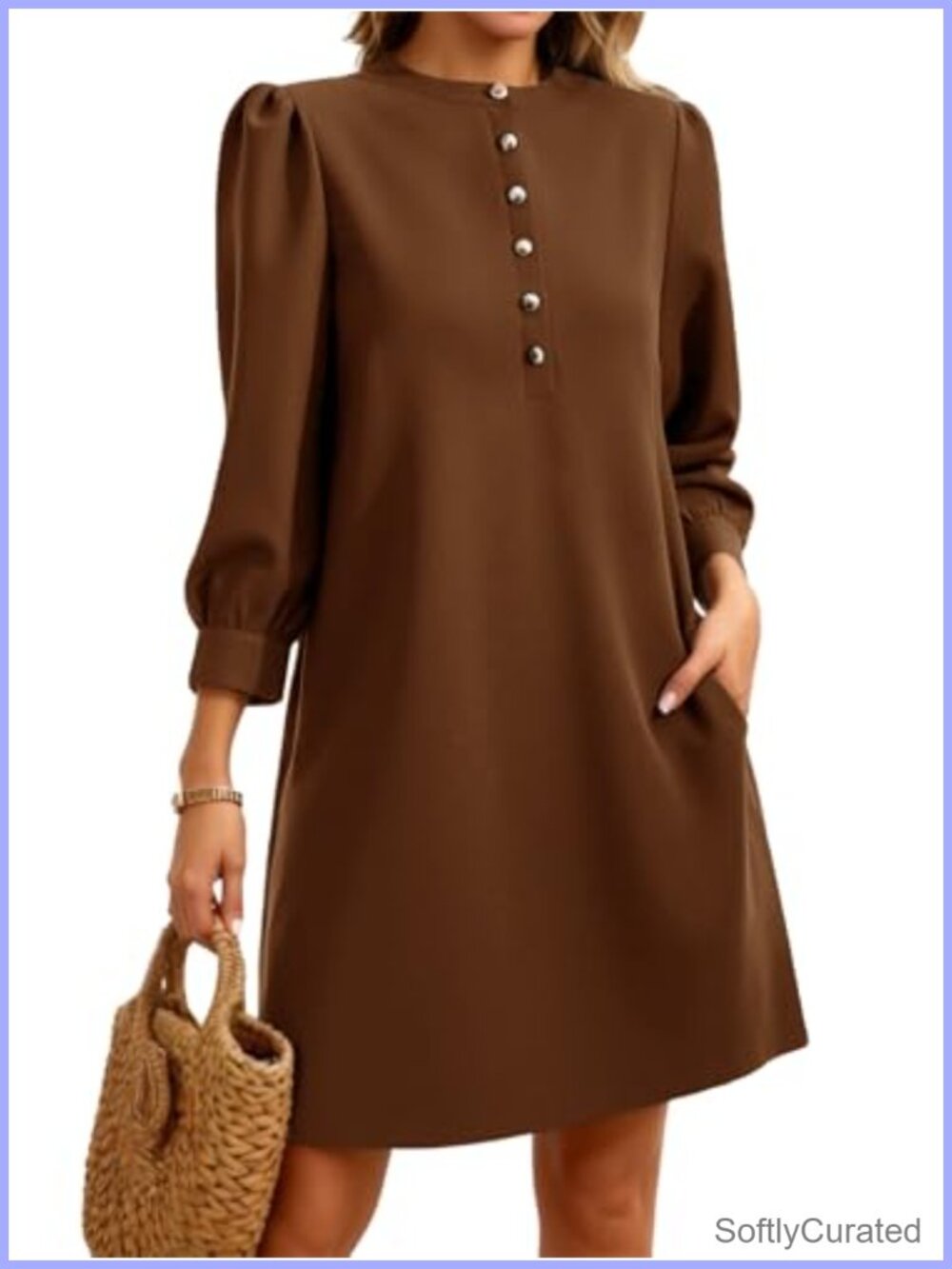 Women's 3/4 Puff Sleeve Mini Dress Button Crewneck A-Line Casual Business